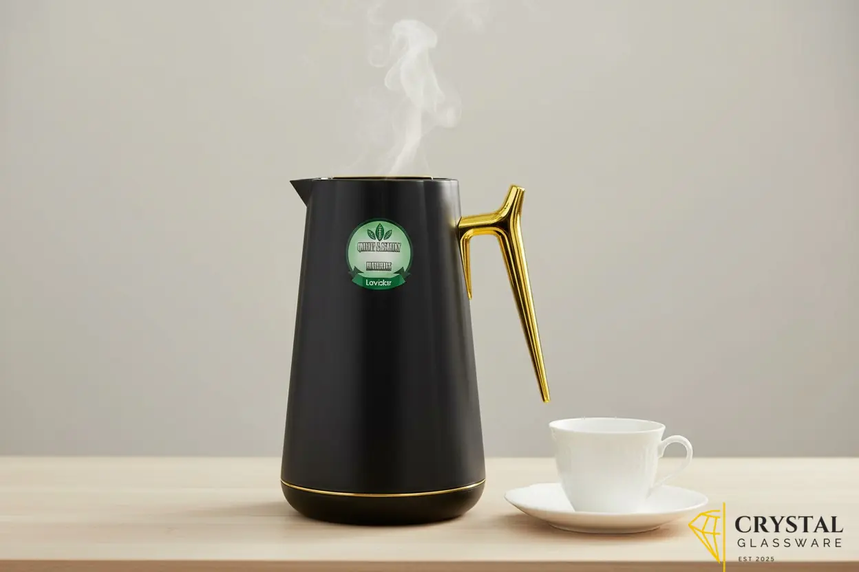 Lavidar branded thermos flask in black matte exterior with a luxurious gold handle and lid